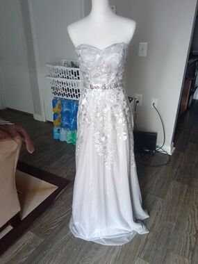 Strapless Silver-Gray Embroidered Maxi Dress